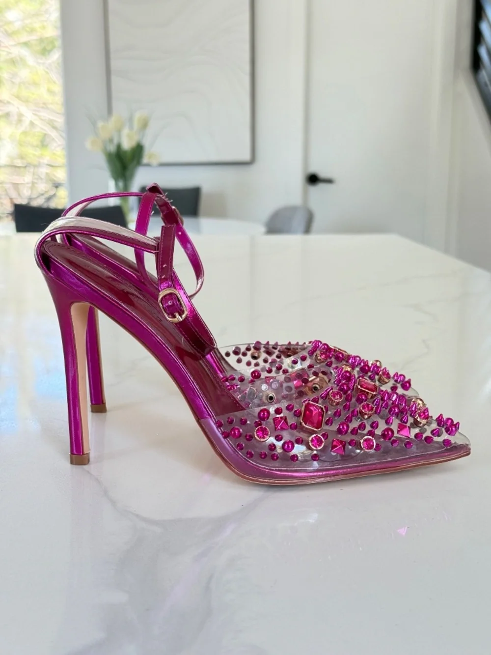 Azalea Wang Arthelia Pink Crystal Embellished Clear Pumps - Picture 6 of 14